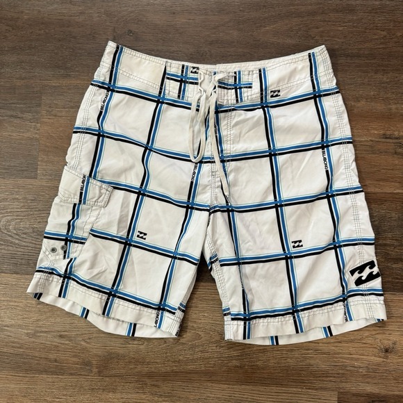 VTG Y2K Billabong Surfer Cargo Board Shorts Swim Trunks Mens Sz 33 White Plaid - Picture 2 of 9